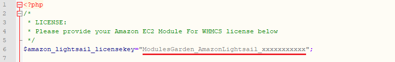 Amazon Lightsail For WHMCS: license.php file open in an editor with the license key entered between quotation marks