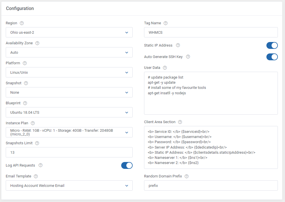 Amazon Lightsail For WHMCS: module Configuration section with region, platform, blueprint, instance plan and user data