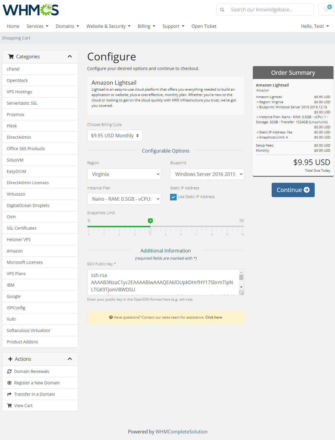 Amazon Lightsail For WHMCS: WHMCS order form with region, blueprint, instance plan and an optional SSH public key field