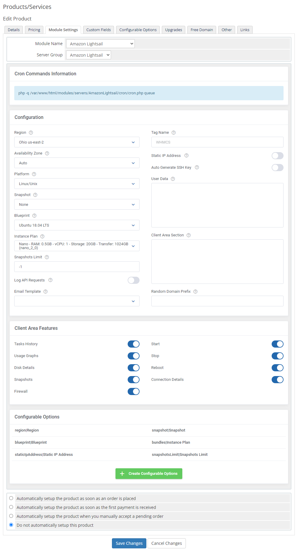 Amazon Lightsail For WHMCS: product Module Settings tab with the Amazon Lightsail module and server group selected