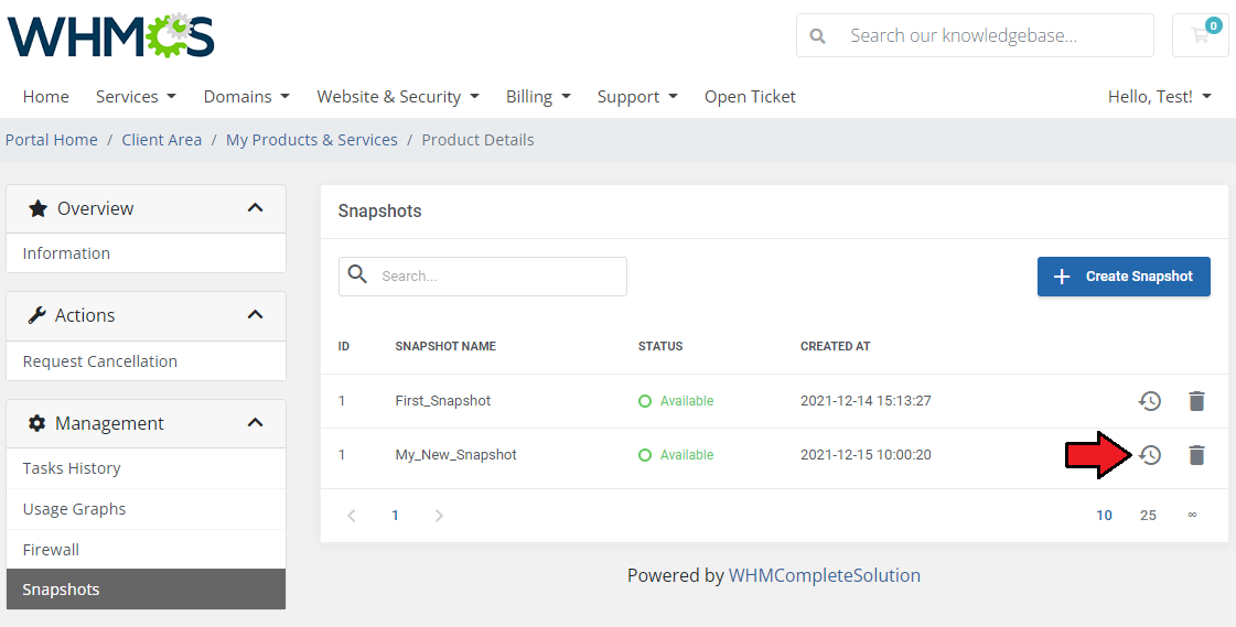 Amazon Lightsail For WHMCS: client area Snapshots list with the restore icon highlighted next to a new snapshot