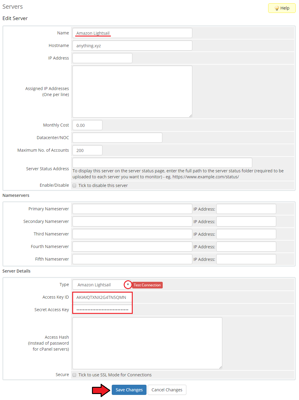 Amazon Lightsail For WHMCS: WHMCS Edit Server form with Amazon Lightsail type, access key ID and secret key