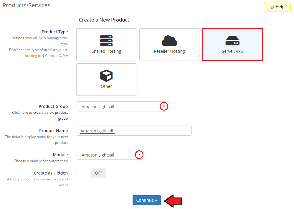 Amazon Lightsail For WHMCS: WHMCS Create a New Product form with Server/VPS type and Amazon Lightsail module chosen