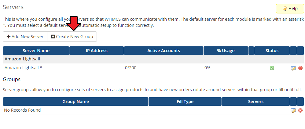 Amazon Lightsail For WHMCS: WHMCS Servers list with the Amazon Lightsail server and the Create New Group button