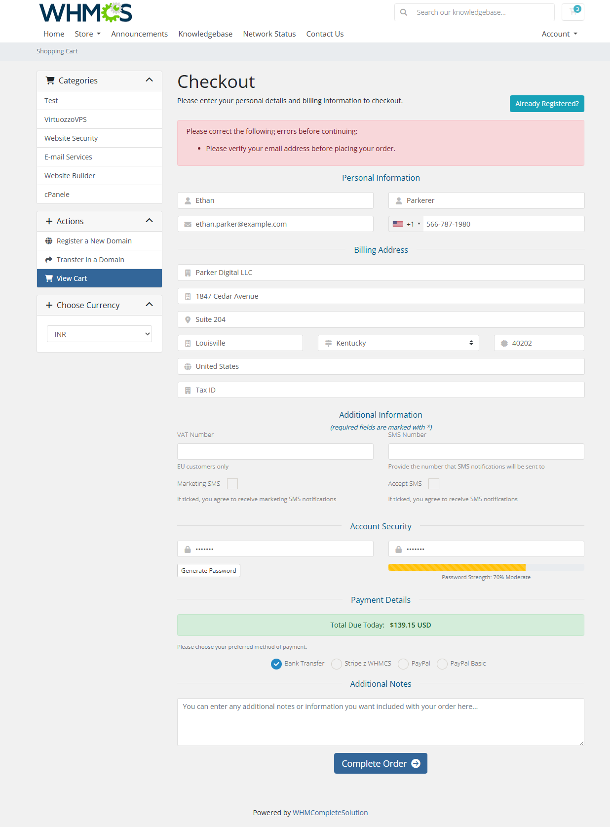 Anti-Fraud And Email Verification For WHMCS: client area checkout with an error asking to verify the email before