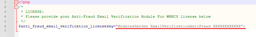Anti-Fraud And Email Verification For WHMCS: license.php file opened in an editor with the license key variable