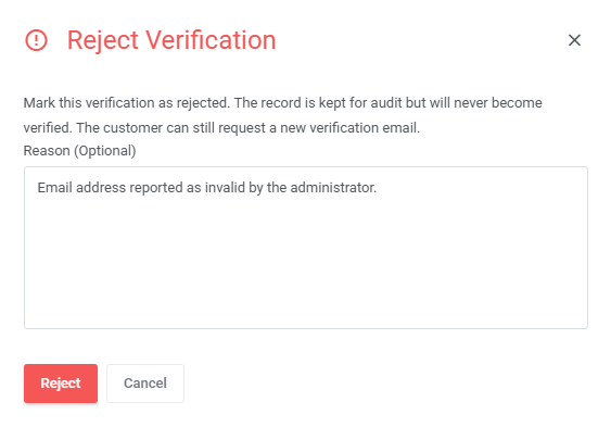 Anti-Fraud And Email Verification For WHMCS: Reject Verification dialog with an optional reason field and Reject button