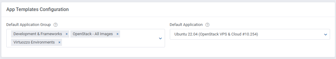 App Templates Tool: product module settings with the Default Application Group field in App Templates Configuration