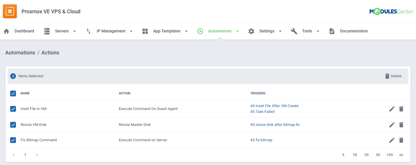 Automations Tool: Actions list with all rows selected, the mass Delete button and the edit and delete icons