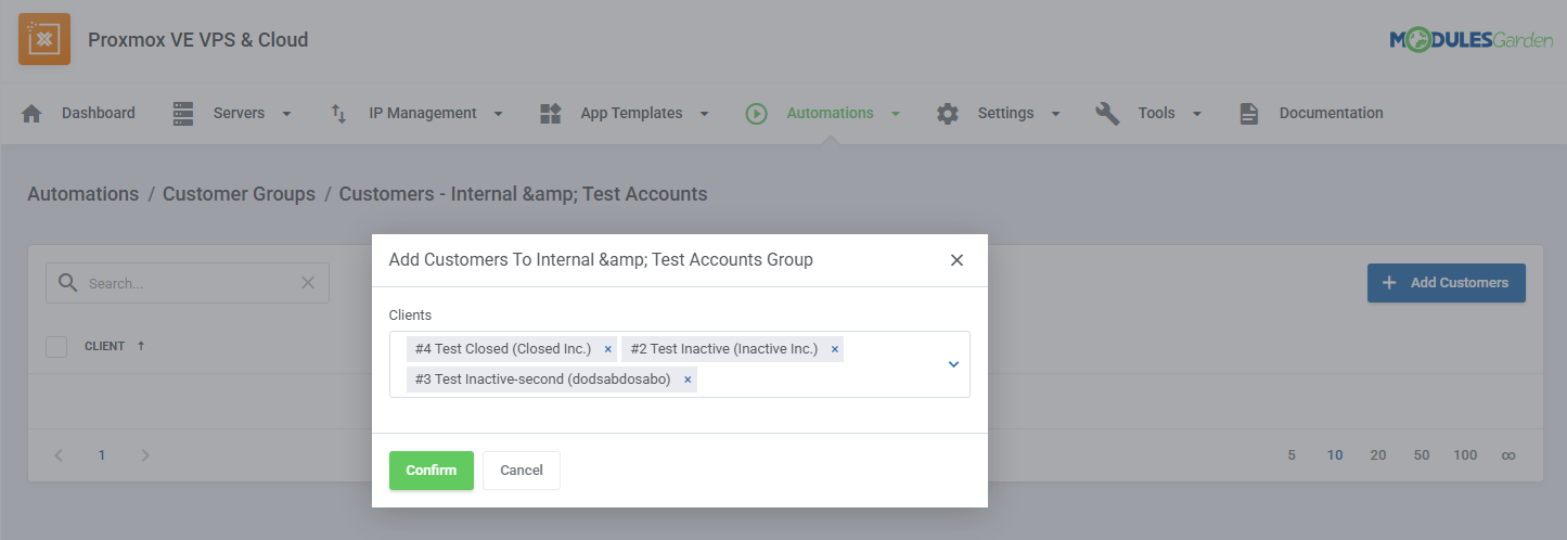 Automations Tool: Add Customers dialog for a customer group with the Clients field and the Confirm button