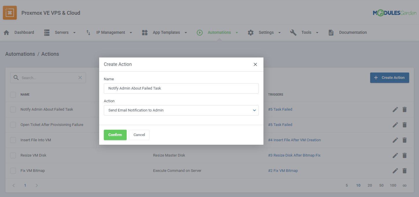 Automations Tool: Create Action dialog in the Proxmox VE VPS & Cloud module with the Name and Action type fields