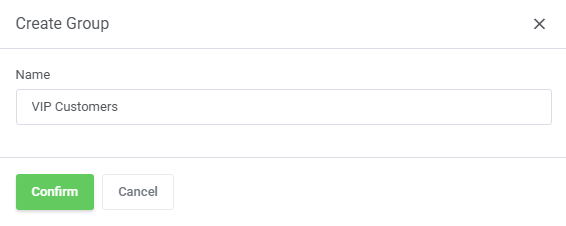 Automations Tool: Create Group dialog for customer groups with a Name field and the Confirm button