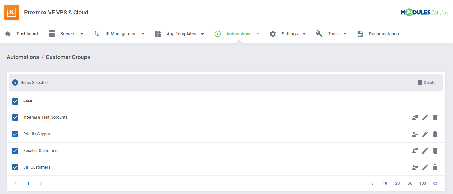 Automations Tool: Customer Groups list with all groups selected and the mass Delete button
