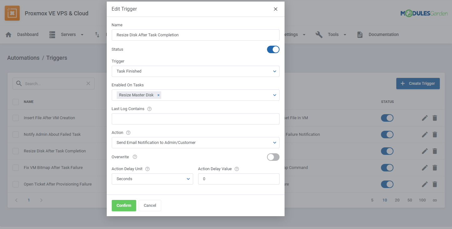 Automations Tool: Edit Trigger dialog with Enabled On Tasks, Last Log Contains, Action and Action Delay fields