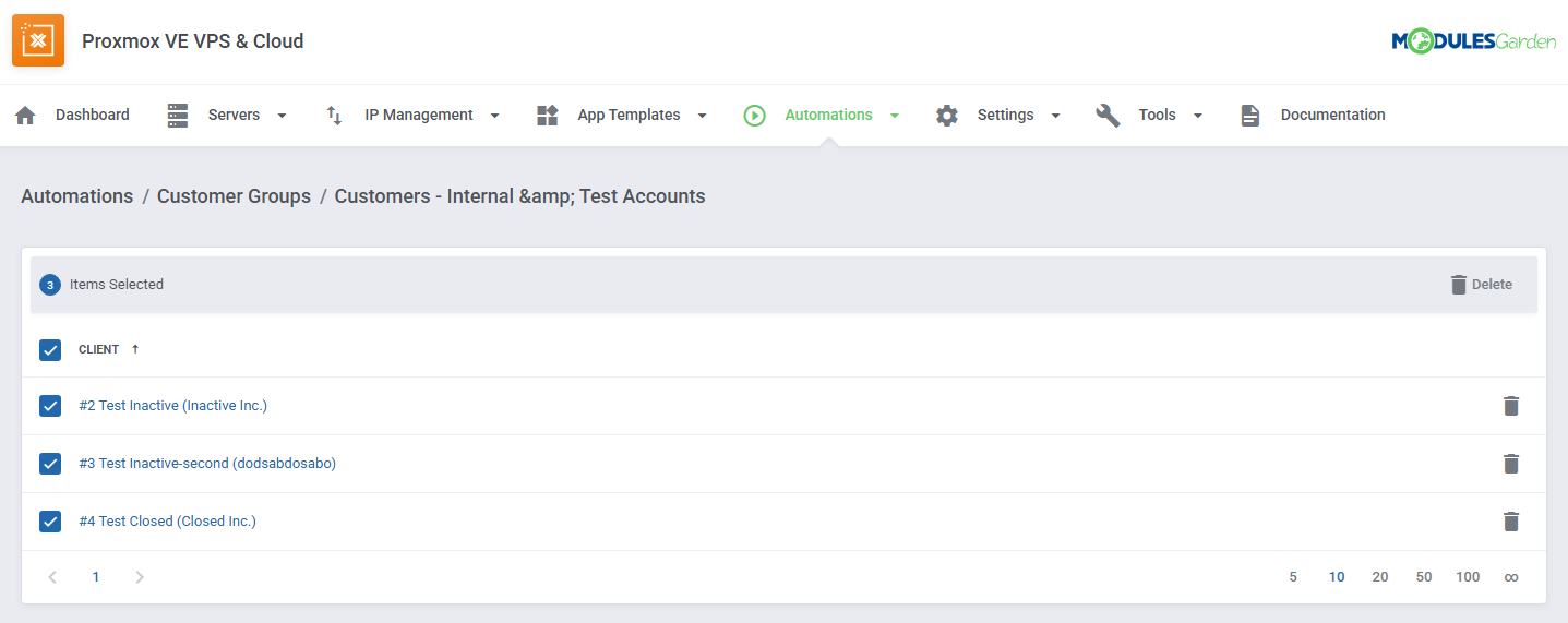 Automations Tool: Customer group members list with all clients selected and the mass Delete button