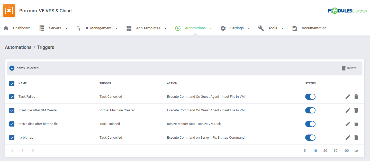 Automations Tool: Triggers list with all rows selected and the mass Delete button