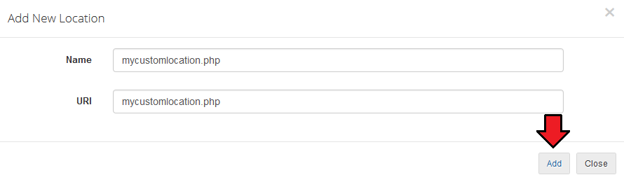 Client Area Designer For WHMCS: Add New Location dialog with the mycustomlocation.php name and URI and the Add button