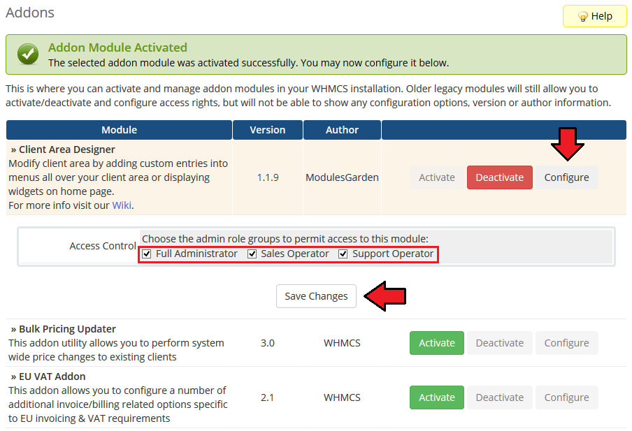 Client Area Designer For WHMCS: WHMCS Addon Modules access control with role checkboxes, Configure and Save Changes
