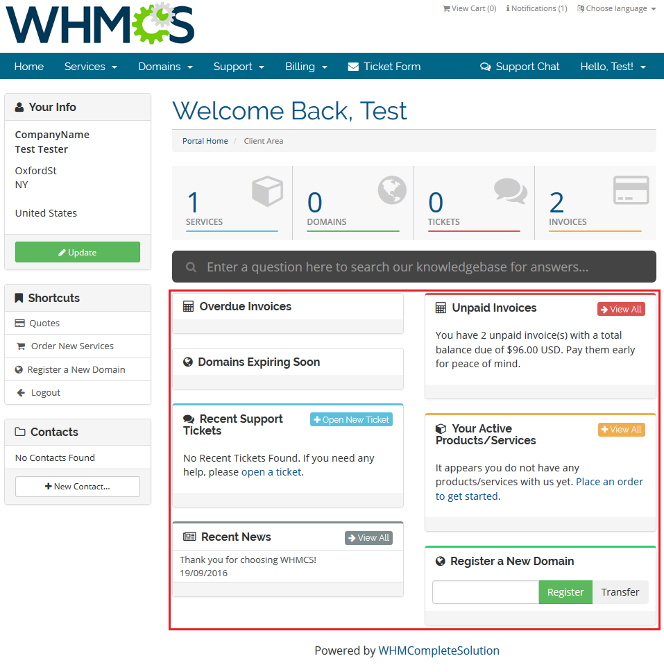 Client Area Designer For WHMCS: WHMCS client area homepage with the default widgets highlighted in a red frame
