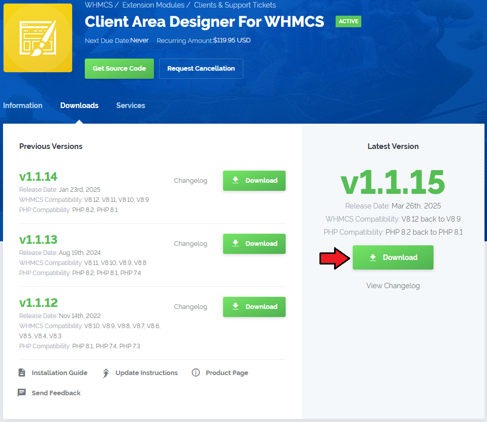Client Area Designer For WHMCS: module download page in the client area with the Download button for the latest version