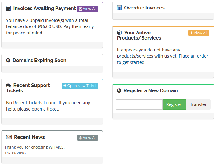 Client Area Designer For WHMCS: WHMCS client area homepage widgets with the edited purple Invoices Awaiting Payment