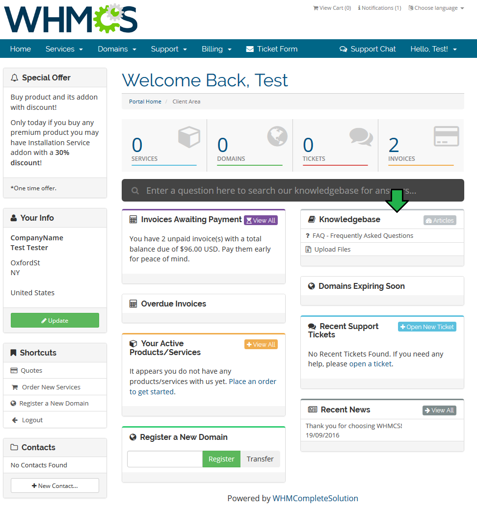 Client Area Designer For WHMCS: Client area homepage with the new Knowledgebase widget and its FAQ and Upload Files