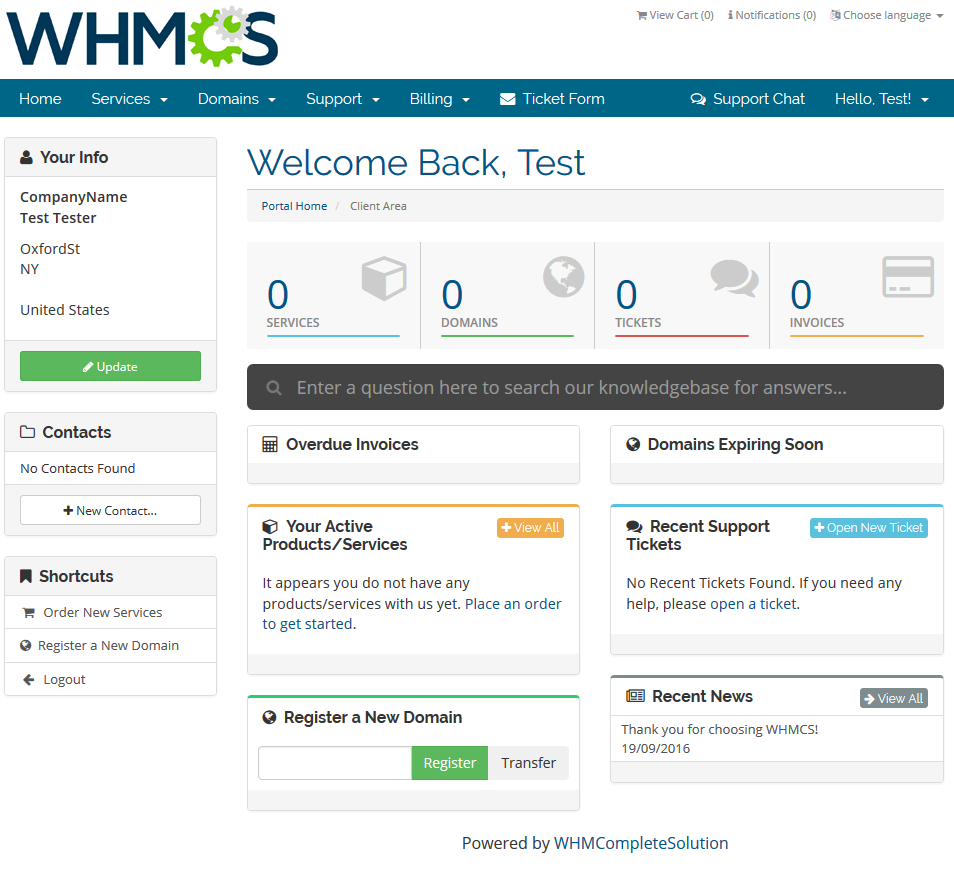Client Area Designer For WHMCS: WHMCS client area navbar showing the new Support Chat panel on the right and Ticket Form