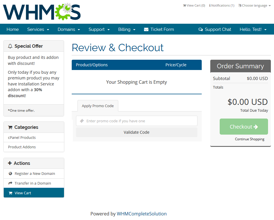 Client Area Designer For WHMCS: WHMCS client area checkout page with the new Special Offer panel in the left sidebar
