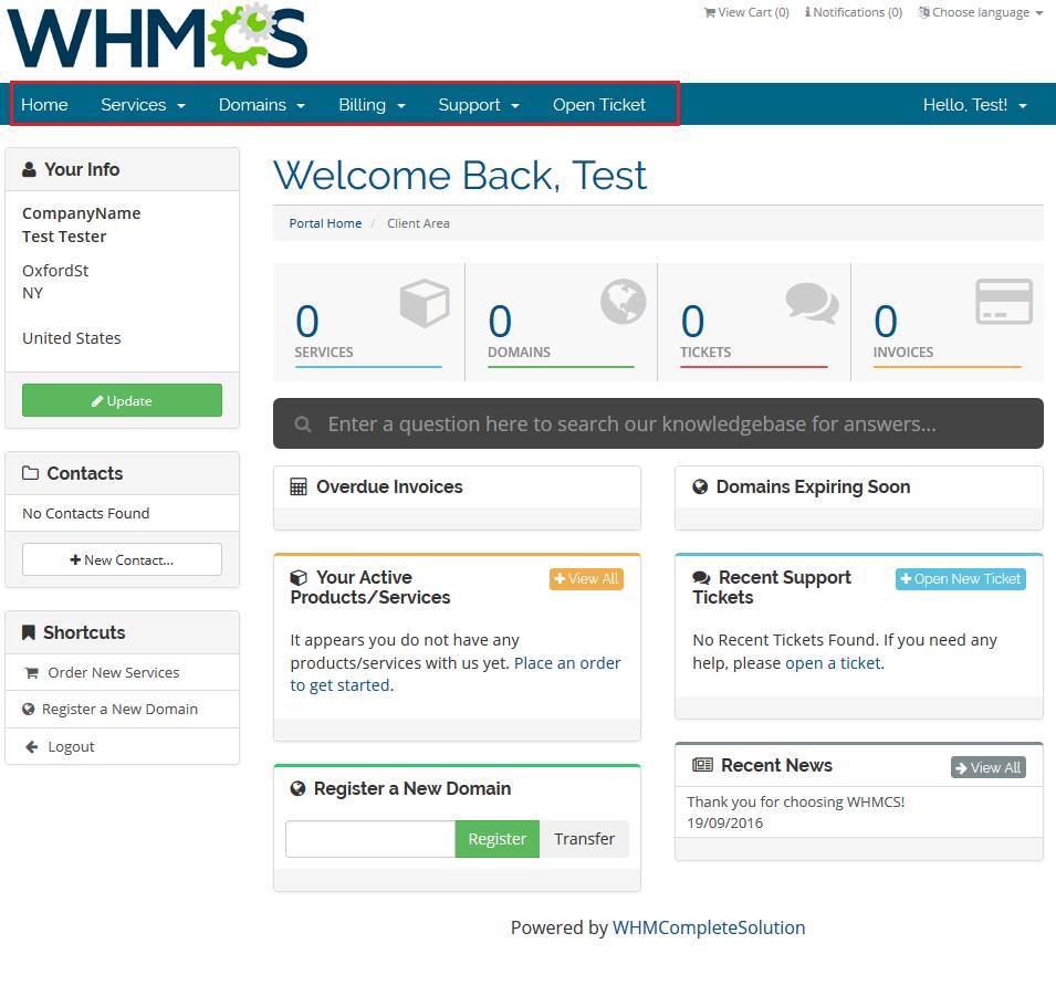 Client Area Designer For WHMCS: WHMCS client area with the primary navbar highlighted in a red frame above the welcome