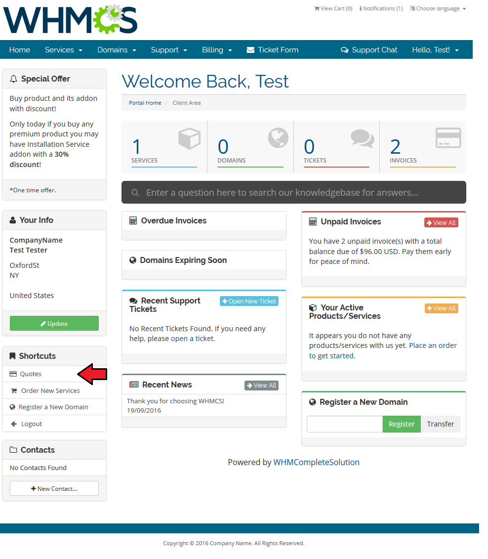 Client Area Designer For WHMCS: WHMCS client area homepage with the new Quotes link added under the Shortcuts sidebar