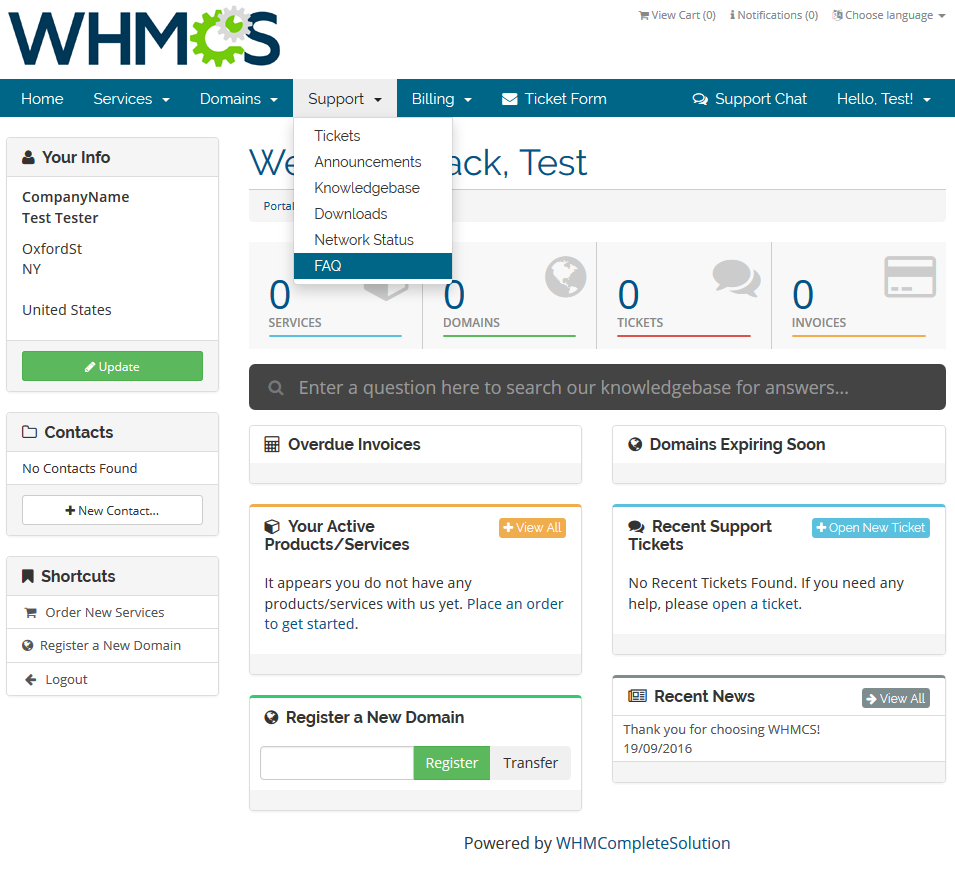 Client Area Designer For WHMCS: WHMCS client area with the Support menu expanded showing the new FAQ item in the