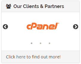 Client Area Designer For WHMCS: animated content rotator panel Our Clients and Partners with arrows, dots and a footer