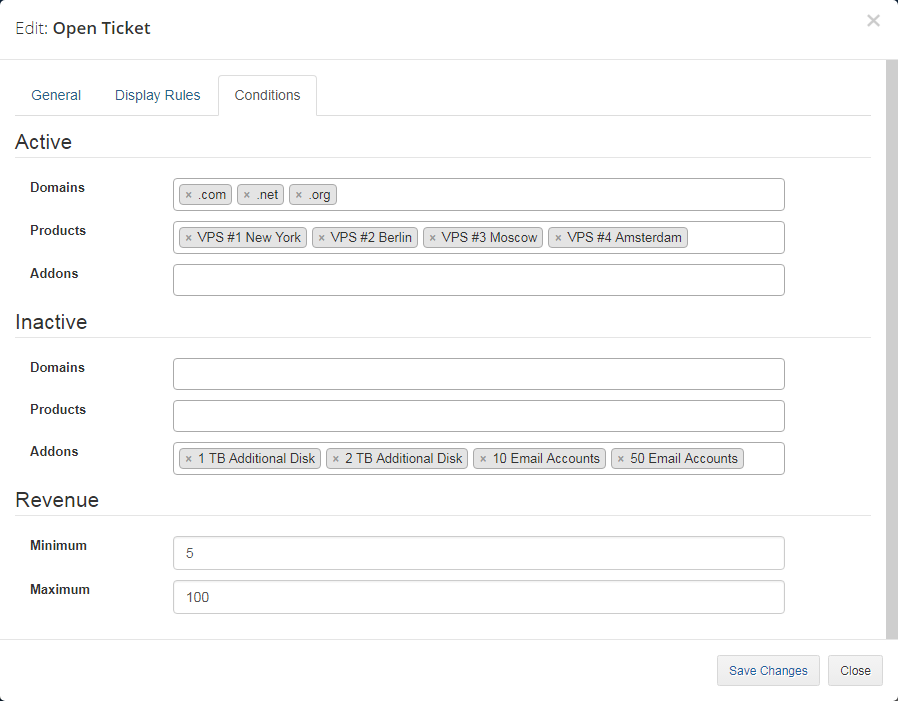 Client Area Designer For WHMCS: Edit element dialog, Conditions tab with active and inactive items and a revenue range