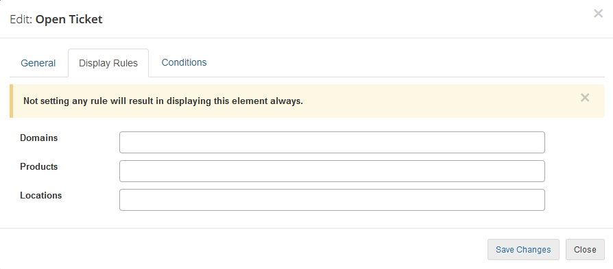 Client Area Designer For WHMCS: Edit element dialog, Display Rules tab with empty Domains, Products and Locations fields