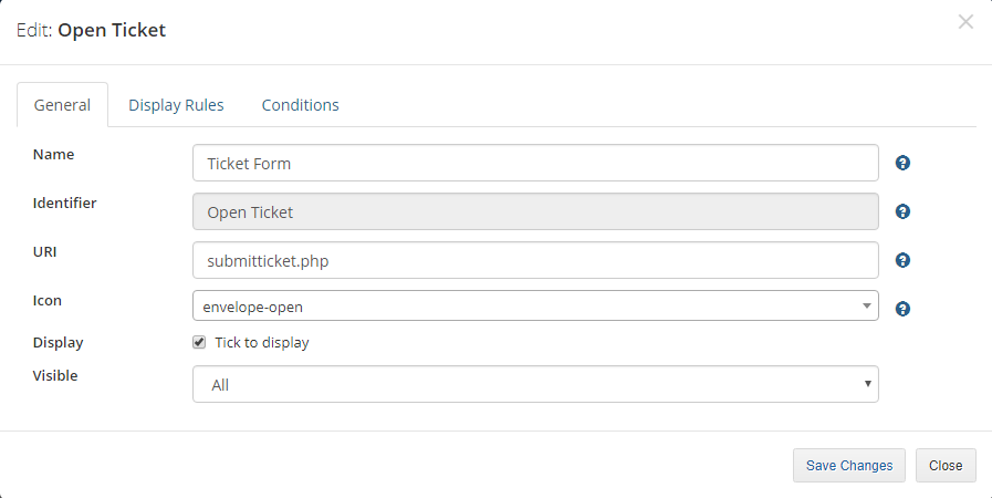 Client Area Designer For WHMCS: Edit element dialog, General tab with name, URI, icon, Display checkbox and Visible list