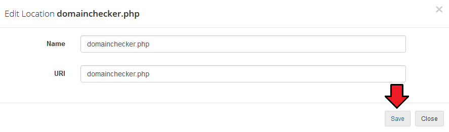 Client Area Designer For WHMCS: Edit Location dialog for domainchecker.php with the Name and URI fields and the Save