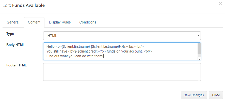 Client Area Designer For WHMCS: Edit Funds Available dialog on the Content tab with Body HTML using Smarty client tags