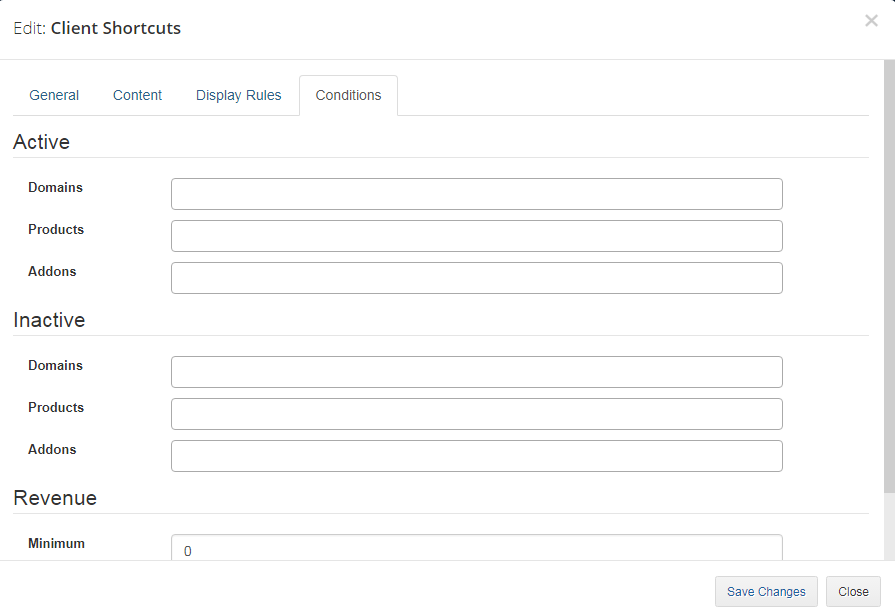 Client Area Designer For WHMCS: Edit Client Shortcuts dialog, Conditions tab with active and inactive items and revenue