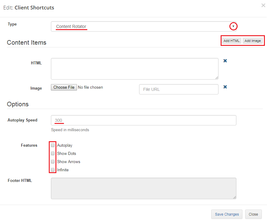 Client Area Designer For WHMCS: Edit Client Shortcuts dialog, Content tab with Content Rotator type and autoplay options