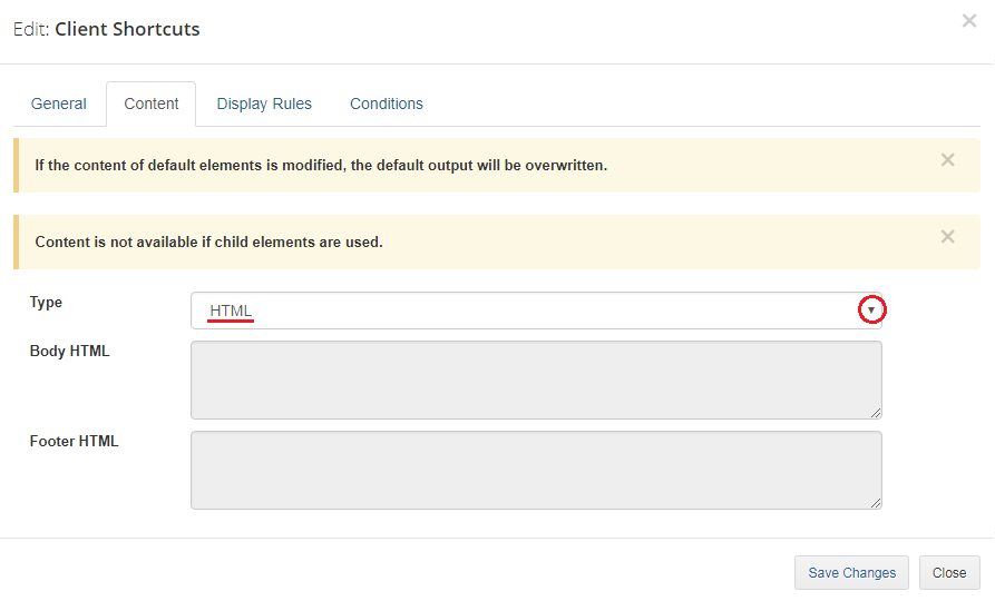 Client Area Designer For WHMCS: Edit Client Shortcuts dialog, Content tab with HTML type and empty Body and Footer