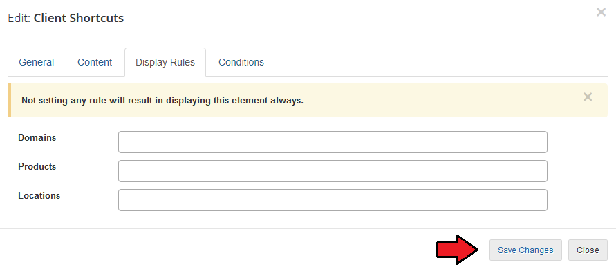 Client Area Designer For WHMCS: Edit Client Shortcuts dialog, Display Rules tab with empty fields and the Save Changes