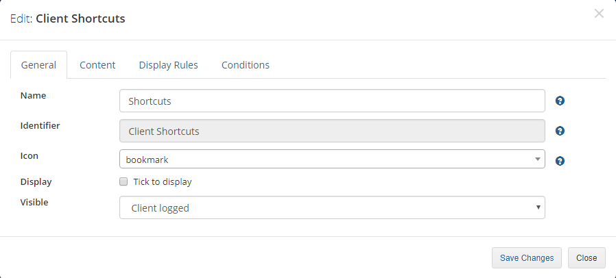 Client Area Designer For WHMCS: Edit Client Shortcuts dialog, General tab with the Display checkbox and Visible list