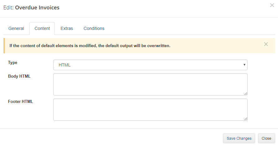 Client Area Designer For WHMCS: Edit widget dialog, Content tab with the HTML type and empty Body and Footer fields
