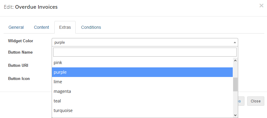 Client Area Designer For WHMCS: Edit widget dialog on the Extras tab with the Widget Color drop-down list opened