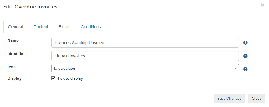 Client Area Designer For WHMCS: Edit widget dialog, General tab with a new name, identifier, icon and Display