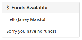 Client Area Designer For WHMCS: Funds Available panel in the client area showing the message for a client with no credit
