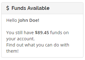 Client Area Designer For WHMCS: Funds Available panel in the client area showing the client name and credit from Smarty
