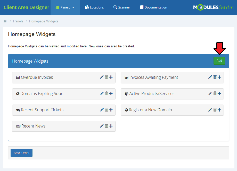 Client Area Designer For WHMCS: Homepage Widgets page with the Add button marked to create a new widget