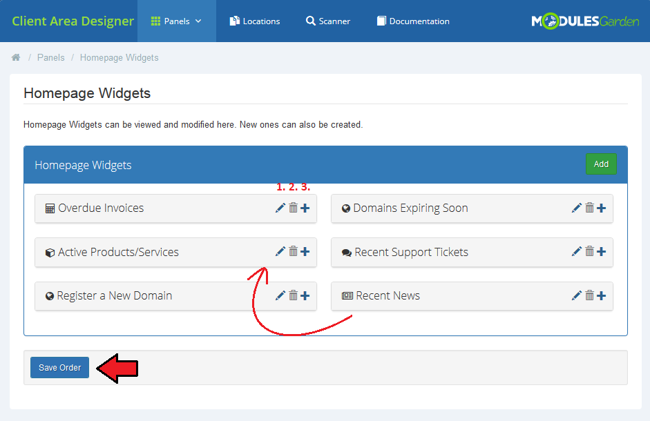 Client Area Designer For WHMCS: Homepage Widgets page with the widget list, action icons and Save Order button