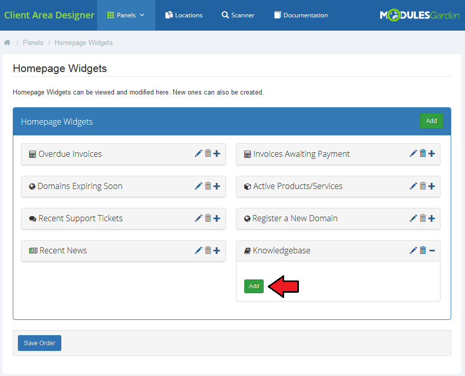 Client Area Designer For WHMCS: Homepage Widgets page with the Knowledgebase widget expanded and its Add button